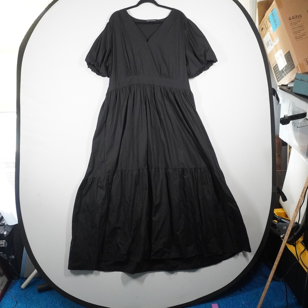 Women Cotton Maxi Dress XXL Black V-Neck Puff Sleeve Tiered Boho Chic Transition